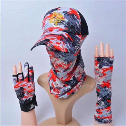 Summer Autumn New Cool Feeling Ice Silk Camouflage Fishing Hats +arm Sleeves +fishing Scarves + Three-finger Cut Gloves 4pcs Set