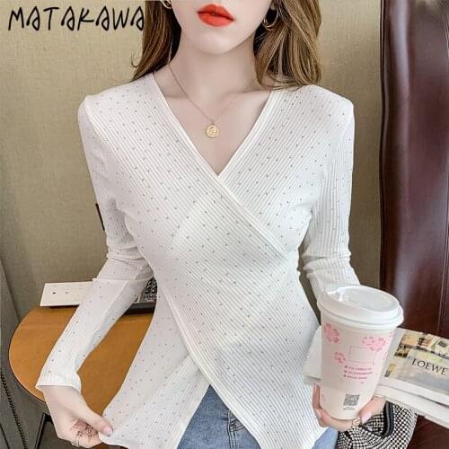 Matakawa Long Sleeve T-shirts Autumn Slim Sexy V Neck Diamonds Irregular Split T Shirt Top Female Solid Elegant Woman Tshirts