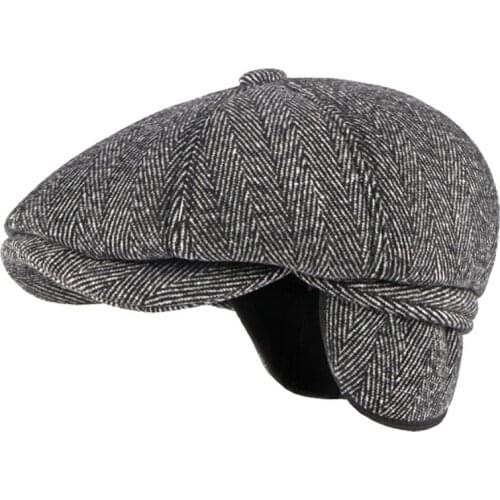 HT3336 Autumn Winter Cap Hat Thick Warm Men Beret Cap Male Vintage Wool Beret Hat Dad Grandfather Ivy Octagonal Newsboy Flat Cap