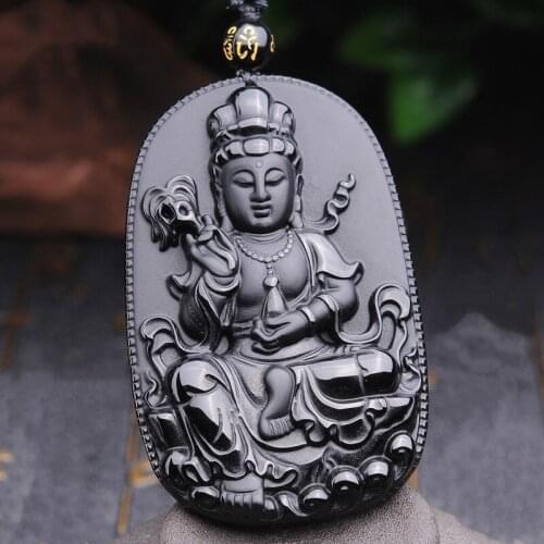 Natural Obsidian Avalokitesvara Jade Pendant Jewelry Lucky Exorcise Evil Spirits Auspicious Amulet Jade Pendant Fine Jewelry