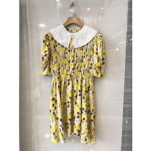 New ladies fashion 2021 bubble short-sleeved doll collar bow pleated floral dress 0108