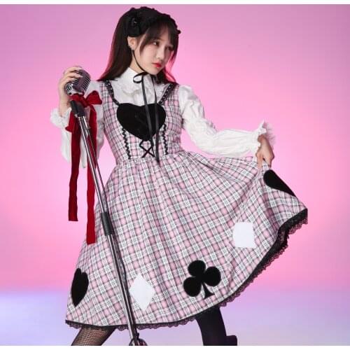 Evil tooch Original Design Pink Plaid Sling Dress Autumn Spring School Girls Cute Sweet Poker Print Heart Gothic Punk Sundress