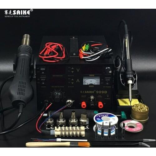 SAIKE 909D 3 in 1 Hot air gun soldering station Rework stations Desoldering station DC regulated power supply 15V 1A