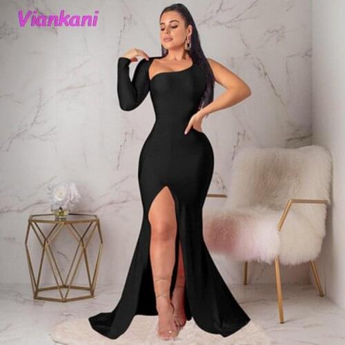 Sexy Party Dresses for Women Solid One Shoulder Backless Long Sleeve High Split Maxi Dress 2021 Black Red Blue