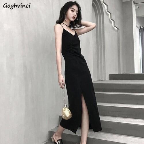 Dress Women Mid-calf Sexy Skinny Solid Color Strap Minimalist Shirring Elegant Chic High Slit Fashionable Inside Vintage Leisure