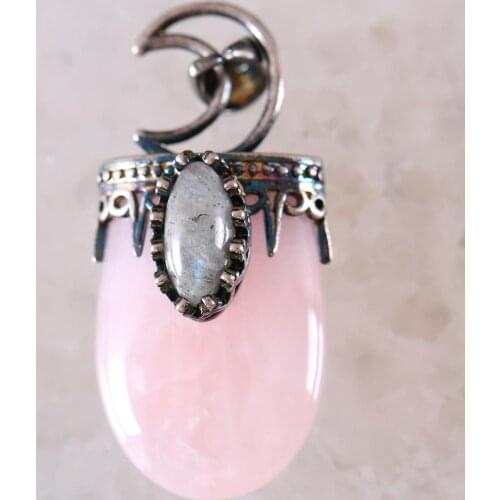Natural Stone Pendant Pink Crystal Antique Silver Color Crown Half Moon Vintage Necklaces Women Men Healing Jewelry K780
