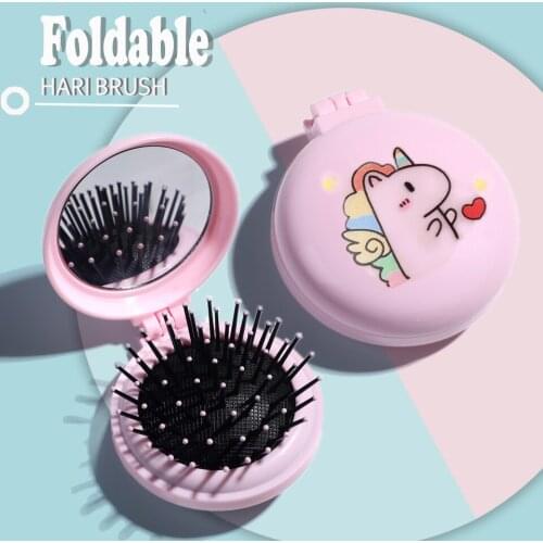 Pink Folding Comb Mirror Massage Unicorn Hair Brush Small Air Cushion Mirror Comb Hairdressing Comb Portable Travel Air Bag Comb