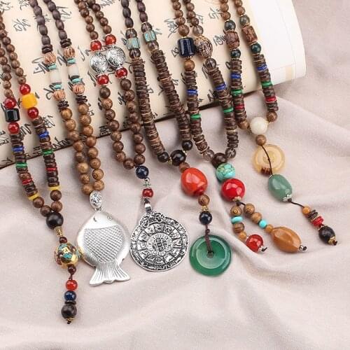 Vintage Handmade Women Men Nepal Necklace Buddhist Mala Wood Beads Pendant Necklace Ethnic Long Necklace