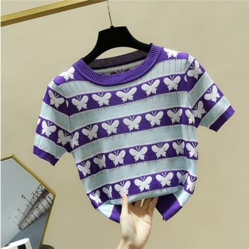 Hollow Out Short T Shirt Women Cartoon Knitted 2021 Thin Summer T-shirt Womens Tops Korean Fashion Woman Clothes Tee Shirt Femme