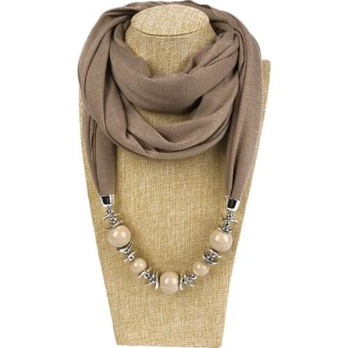 Womens Fashion Neckerchief Ring Scarf Necklaces Beads Solid Color Jewelry Shawl