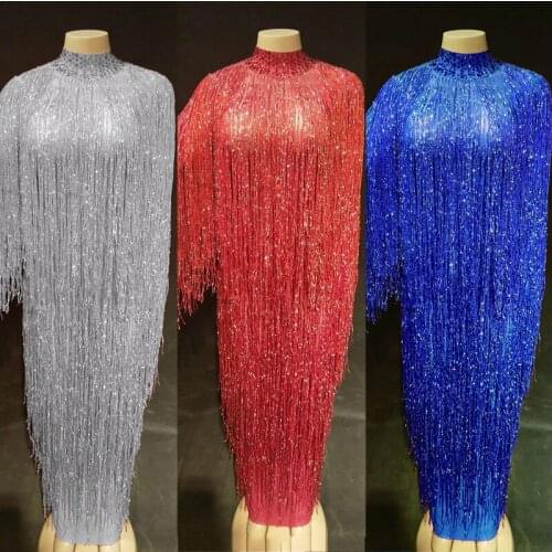 Women Sexy Flashing Tassel Mesh Colorful Long Dress Female Birthday Party Celebrate Dresses Bar Nightclub Dancing Costume DT1033