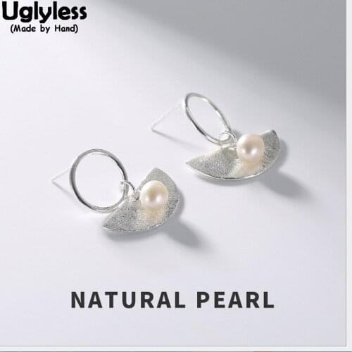 Uglyless Natural Freshwater Pearls Dress Earrings for Women 100% Real Solid 925 Silver Fine Jewelry Sector Medal Earrings Circle