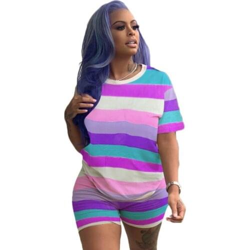 Women casual striped print tracksuit lady summer short sleeve 2 pieces shorts suit female outfits 5232