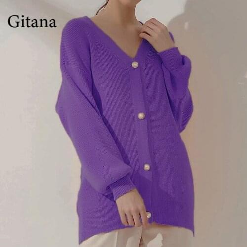 Gitana 2021 Autumn Winter Knitted Cardigan For Women Long Sleeve V Neck Buttons Oversized Cardigan Knitwear Loose Sweater Tops