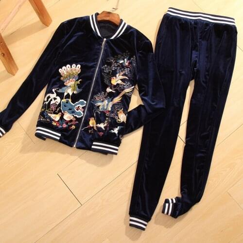 High-end Women Set Embroidery Birds Baseball Coat Top + Blue/Green Pants Elegant Lady Casual Velvet Suit Set Female S-XXL