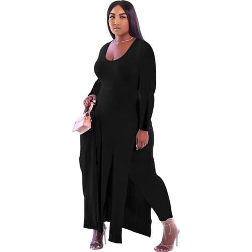 Womens solid color Sexy Long Sleeve Dress and full pant two piece set