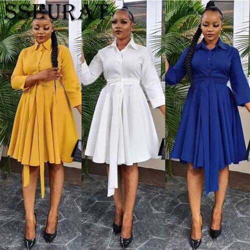 SSEURAT Autumn Solid Shirt Printed Dress Women Office Ladies Dresses Sweet High Waist Mid Dress