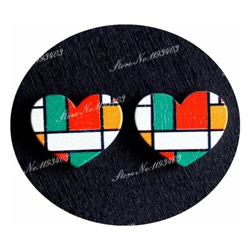 16mm Geometry Heart Shape Image Painted Wooded Laser Cut Cabochon to make Rings, Earrings, Bobby pin, pendant