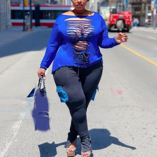 African Tops For Large Breasts Hollow Out Full Sleeve Slash Neck Loose Solid Sexy Fashion High Street Wear Blouse Shirts Large