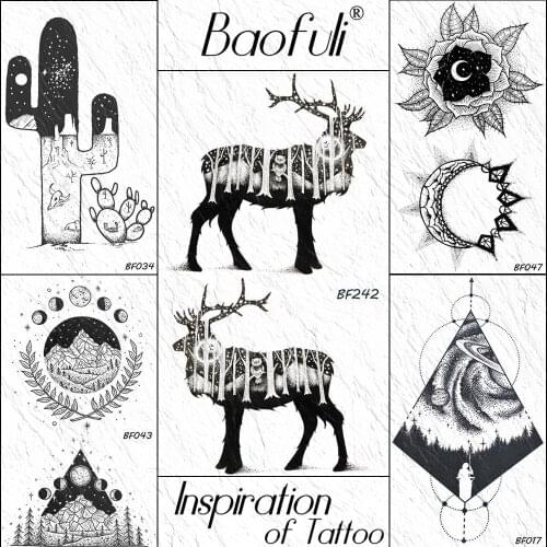BAOFULI Realistic Forest Elk Moose Antlers Temporary Tattoo Sticker Galaxy Star Moon Black Tattoos Mountain Waterproof Tatoo