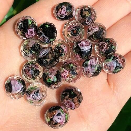 10mm Black Murano Glass Beads Faceted Rondelle Flower Gold Sand Lampwork Crystal Beads for Jewelry Making DIY Women Bracelet