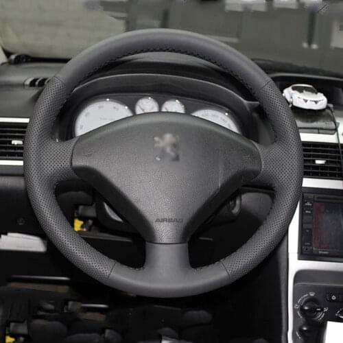 LUNDA Black Leather Hand-stitched Car Steering Wheel Cover for Peugeot 307