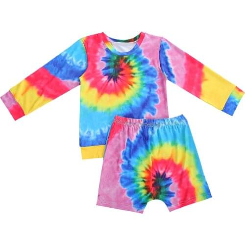 Infant Children’s Long-sleeved Shirt Shorts Suit Girl Colorful Tie-dye Pullover T-shirt and Elastic Short Pants 1-5Years
