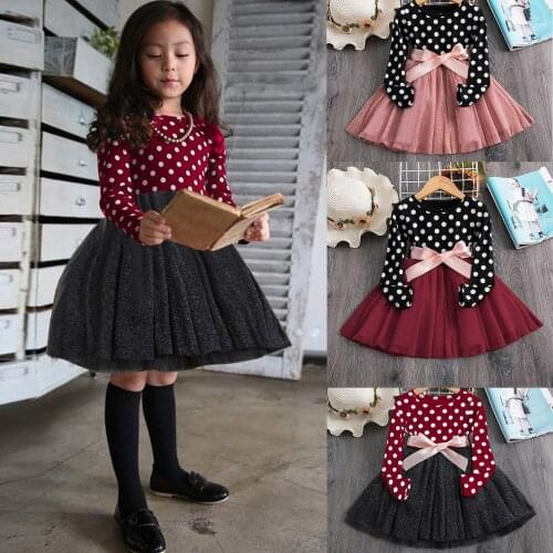 1-6Years New Long sleeve Toddler Kids Baby Girls Polka Dot Print Patchwork Tulle Dress Princess Outfits girls christmas dress M4