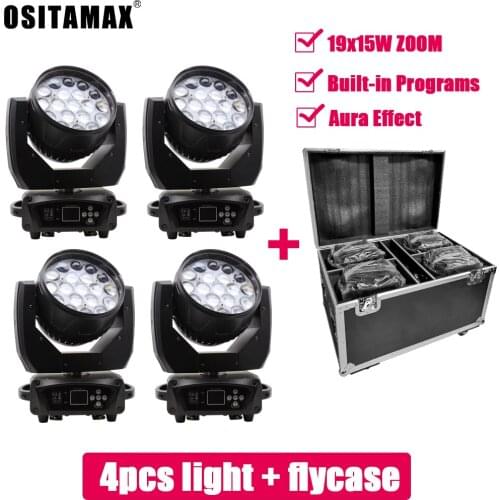 Flight case 4pcs Lyre LED 19x15w RGBW 4IN1 Zoom Moving Head LED Wash Light Brightness Colorful Strobe Sound for Disco Party DJ