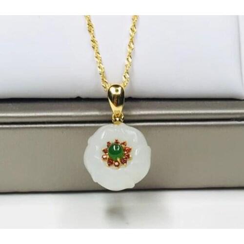 Fine Jewelry S925 Silver Chinese Pendant Necklace Lucky Hetian Jade Hand-carved Inlaid Colorful Flowers Gift