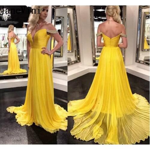 JaneVini Sexy Off Shoulder Long Yellow Prom Dresses 2020 Women Beaded Chiffon A Line V Neck Evening Party Gowns Robe Ballkleider