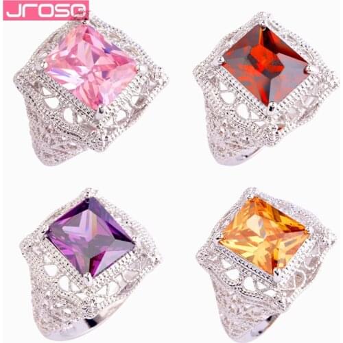 JROSE Wholesale Solitaire Wedding Bands Purple & Fire Rainbow & Pink & Yellow Cubic Zircon Silver Ring Size 6 -11 Fashion Gifts