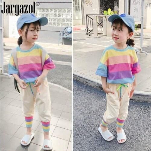 Childrens Summer Clothes Set Rainbow Tee Shirt and Sport Pants Little Girl Tracksuit Kids Fashion Outfits Clothing