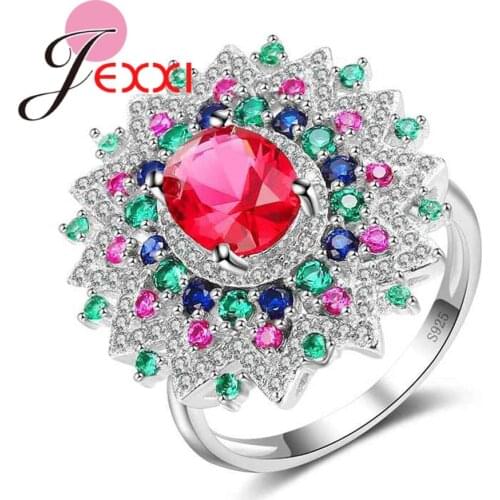 Mystery Colorful Clear Cubic Zirconia Flower Finger Rings 925 Sterling Silver Jewelry for Women Bridal Wedding