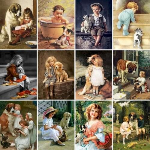 GATYZTORY Frameless Painting By Numbers Little boy and dog 60X75cm Paint By Numbers Figure Canvas Painting Kits Unique Gift