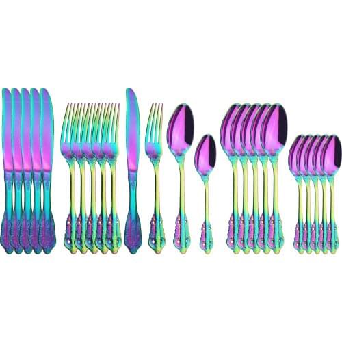 24Pcs Colorful Dinnerware Set 304 Stainless Steel Cutlery Set Western Knife Forks Spoon Tableware Set Party Kitchen Flatware Set