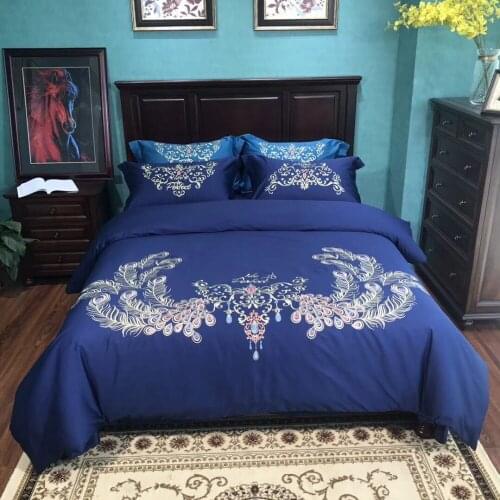 New 80S Egyptian cotton Luxury Embroidery Wedding Bedding Set 4pcs Queen King Duvet cover bed sheet set Pillowcase blue phoenix