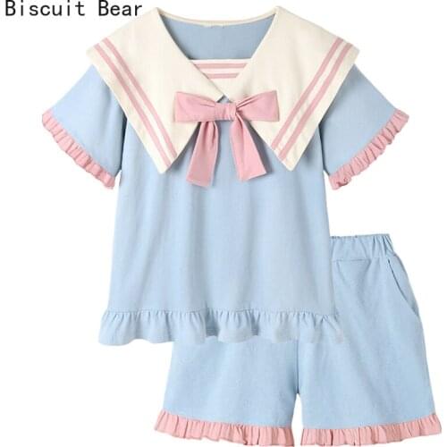 Biscuit Bear Summer Kawaii Pajamas Shorts Set Teen Girls Sleepwear Women 2021 Cute 2 Piece Set Female Home Wear Sailor Suit Blue