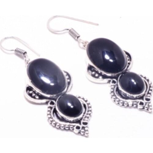 Genuine Black Onyx Silver Overlay on Copper Earrings, Hand made Women Jewelry Gift, E5168