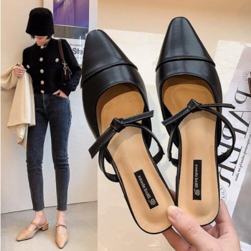 Pointed Toe Women Slippers Shallow Slides Hollow Design Slip On Thick Mid Heels Khaki/Beige Summer Outdoor Beach Shoes Soft Mule