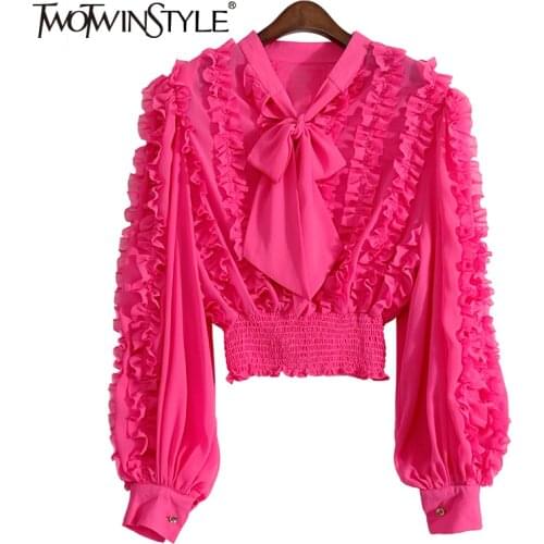 TWOTWINSTYLE Pink Casual Patchwork Ruffle Lace Up Shirt Female Round Neck Long Sleeve Korean Slim Fashion Woman Blouses 2021 New