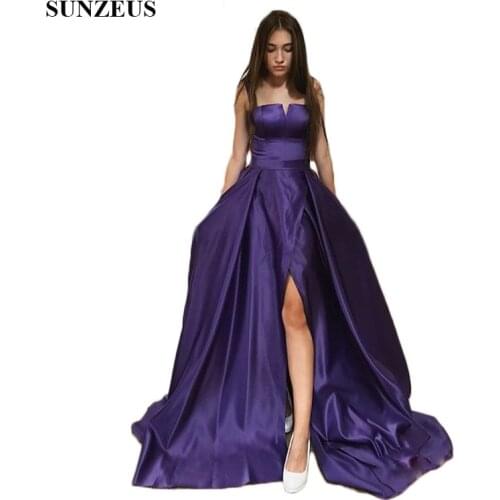 Leg Slit with Pockets Formal Dresses Long Black Purple Fuchsia Satin Prom Dresses Tank A-Line Evening Party Gowns