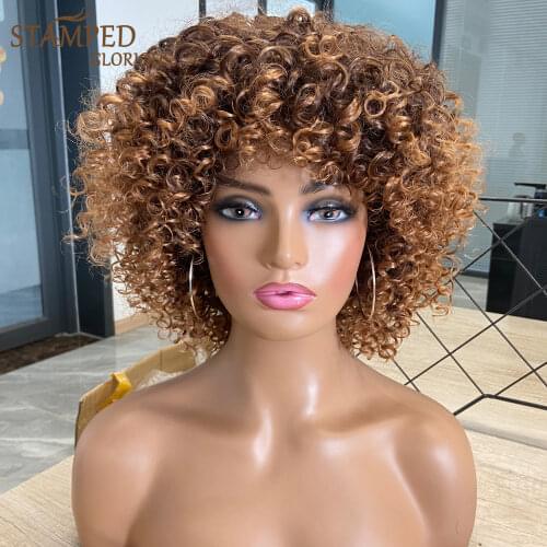 Stamped Glorious Afro Kinky Curly Wig Blonde Wig With Bangs Synthetic Short Wigs for Black Women High Temperature Hair