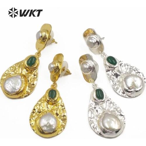 WT-MPE014 Luxury woman freshwater pearl earring water drop pearl with gold electroplated earring gem stone paved earring