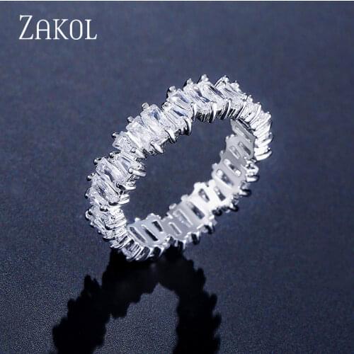 ZAKOL Fashion Luxury Multicolor Charm AAA Baguette Cubic Zirconia Wedding Rings for Women T Shape Stone Party Jewelry FSRP252