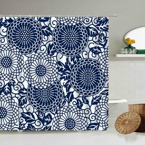 Ethnic Geometric Floral Shower Curtain Blue And White Retro Element Bathroom Blackout Waterproof Polyester Screen With Hook Set