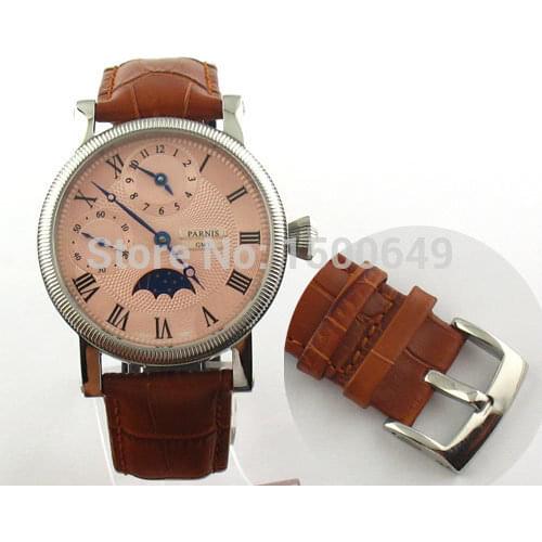 Parnis Pink dial mechanical stainless steel case GMT Hand Winding 43mm womens Watches