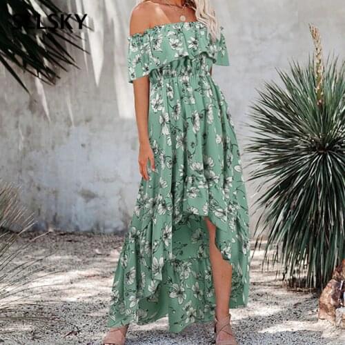 SLLSKY Bohemian Summer Floral Printed Dress Women Slash Neck Ruffles Chiffon Dress High Waist Beach Sundress Ankle Length Dress