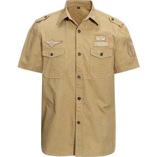 2021 Newest Men Plus Size Solid Cotton Military Style Tactical Cargo Short Sleeve Work Shirt Button Down Short Clothes Outdoor