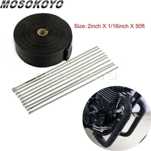50mm*15m Fiberglass Thermal Exhaust Header Pipe Wrap Resistant Downpipe Stainless Ties Motorcycle Manifold Turbo Shield Tape